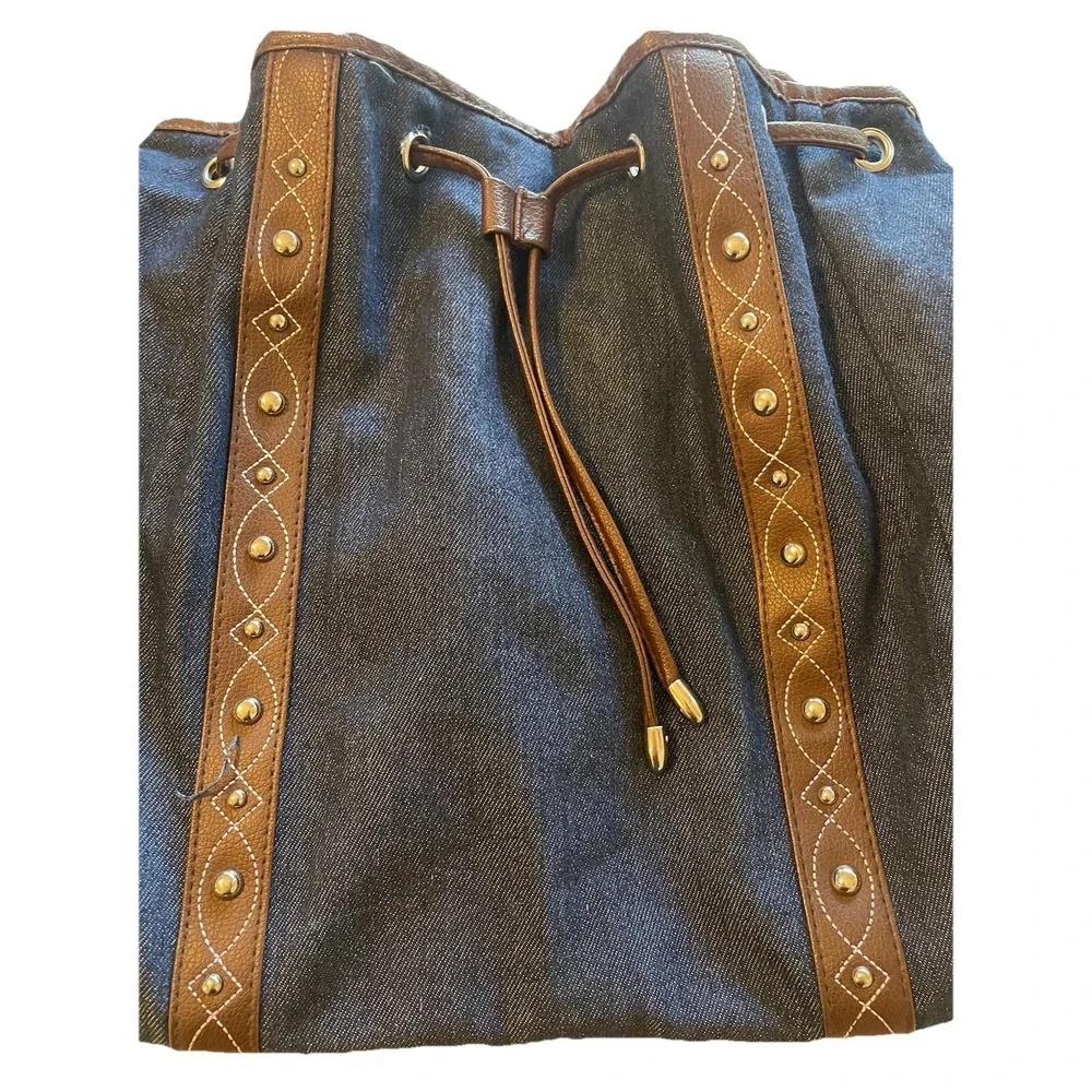 Gold‎ Coast Denim Bucket Bag Faux Leather Trim Studded Hobo Shoulder Crossbody